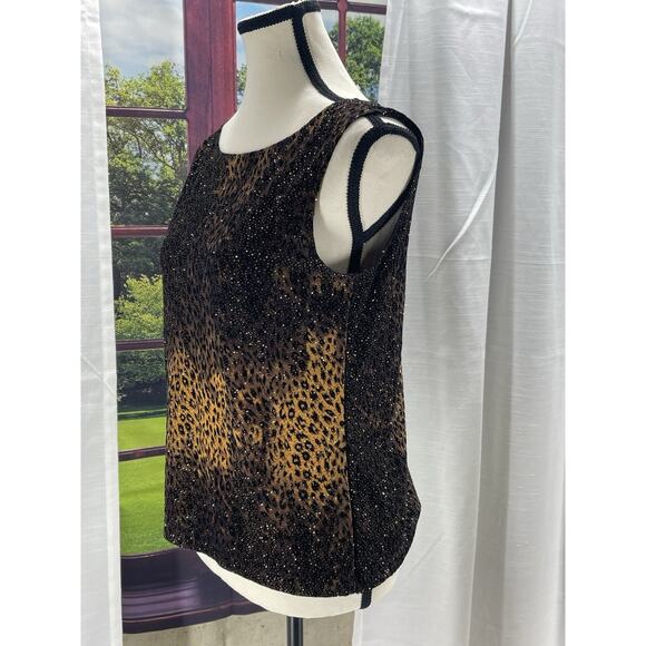 McBling Mob Wife 00s Y2K Leopard Glitter Tank Top Sz 1 Brown Gold Sparkle Glam - Picture 4 of 12